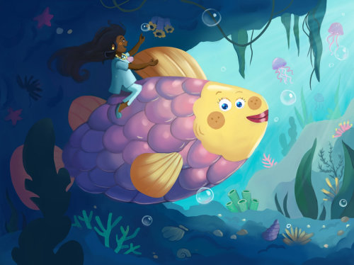 Ilustración de fantasía de una niña montando un pez