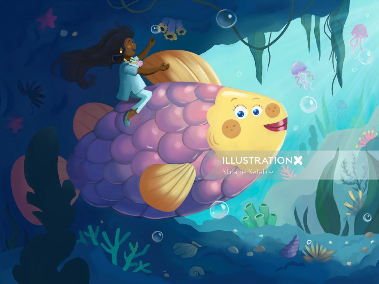 Ilustração da fantasia de uma garota cavalgando um peixe