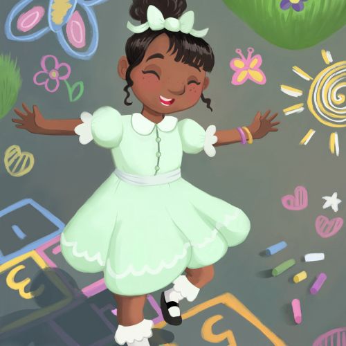 Painting of a lovely girl playing hopscotch