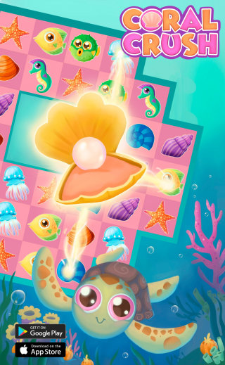 Ilustração de publicidade do jogo Coral Crush Match-3