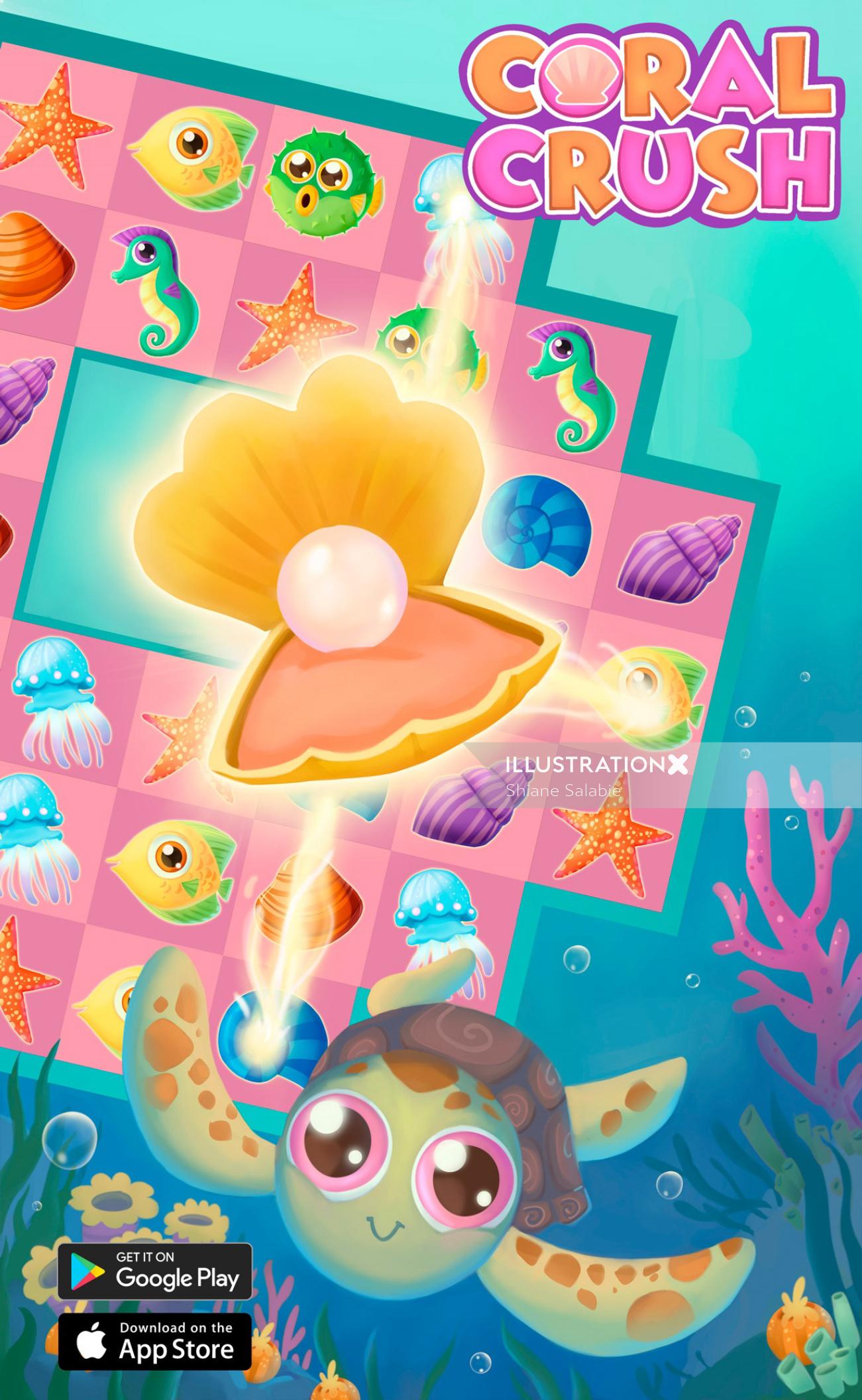 Ilustração de publicidade do jogo Coral Crush Match-3