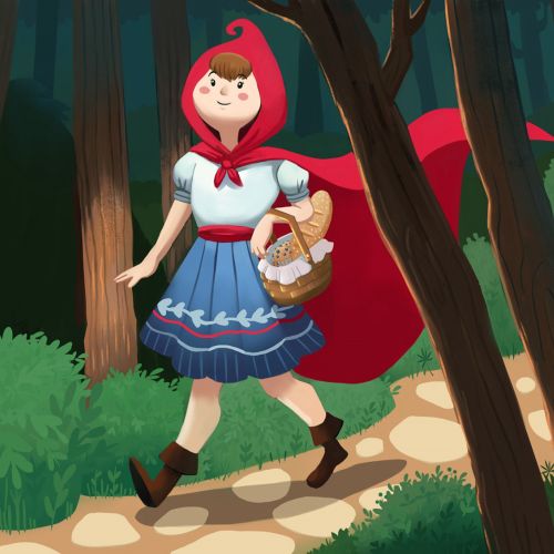 Red dress cartoon girl walking through the forest