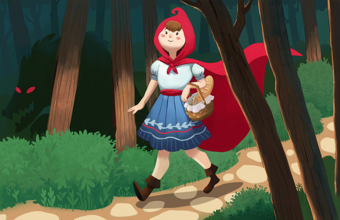 Fille de dessin animé robe rouge marchant à travers la forêt