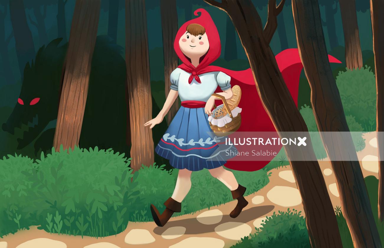Menina de vestido vermelho de desenho animado caminhando pela floresta