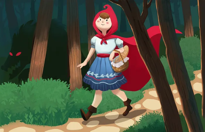 Red dress cartoon girl walking through the forest