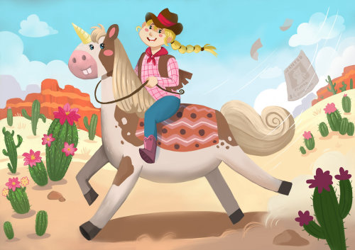 Pintura digital vaquera montando a caballo