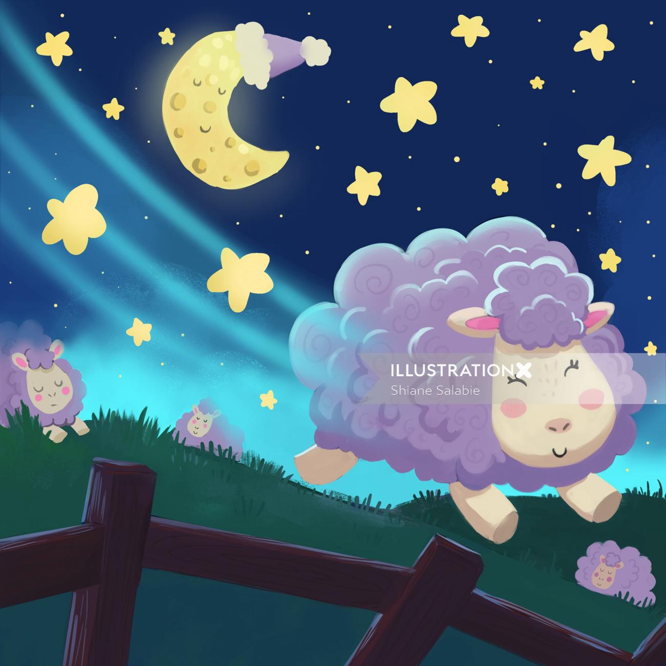 O design do personagem de uma ovelha cantora de ninar pula a cerca