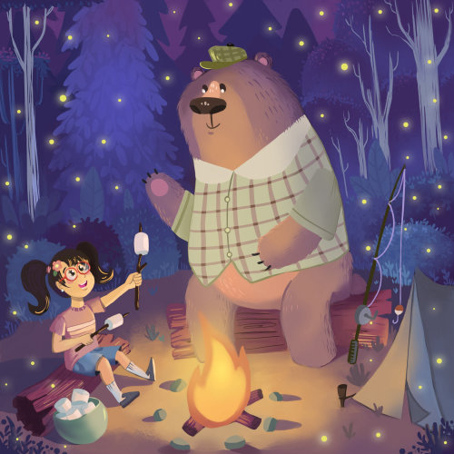Diseño de dibujos animados de niña compartiendo malvaviscos con un amigo oso