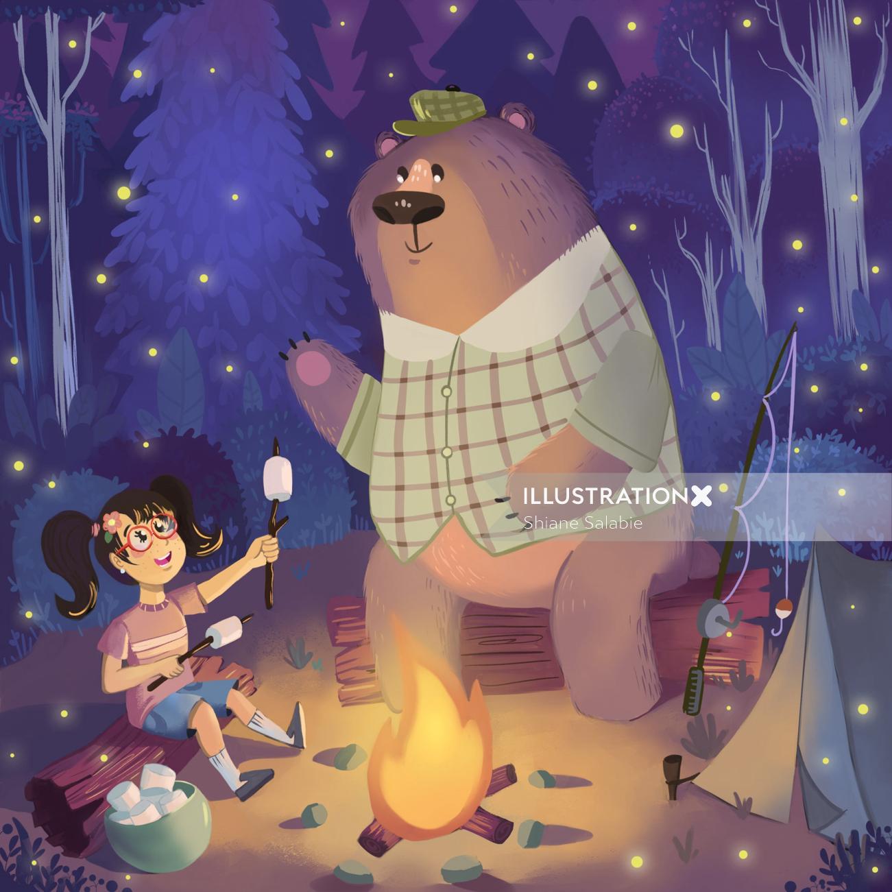 Desenho animado de menina compartilhando marshmallow com um amigo Urso