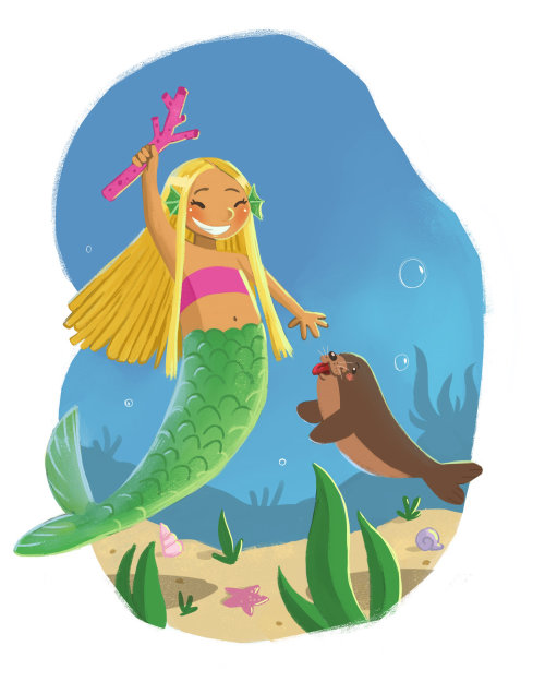 Cartoon character of Mermaid playing with Seal