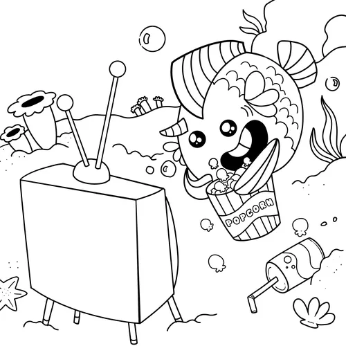 Lineart of a fish eating popcorn watching a TV movie marathon by Shiane Salabie
