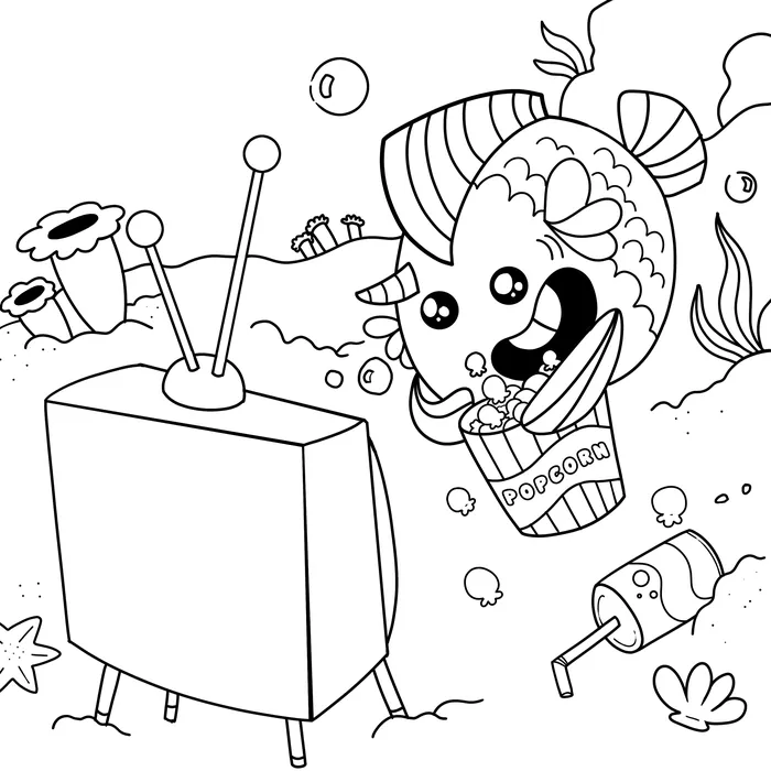 Lineart of a fish eating popcorn watching a TV movie marathon by Shiane Salabie