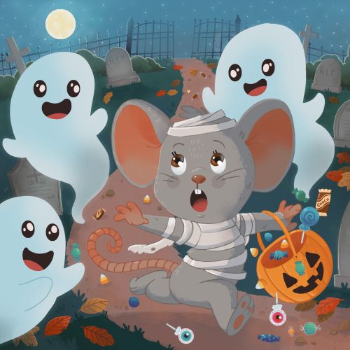 A mouse in a mummy costume runs scared from happy ghosts in a graveyard, by Shiane Salabie