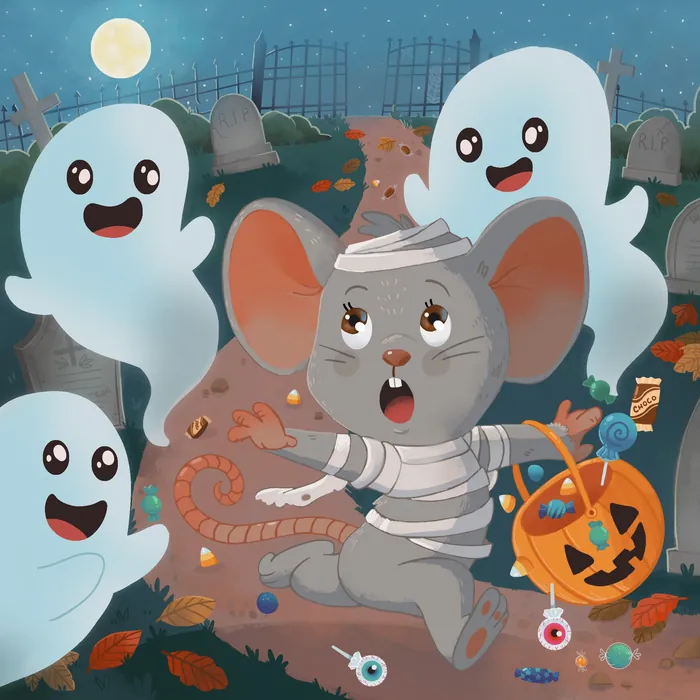 A mouse in a mummy costume runs scared from happy ghosts in a graveyard, by Shiane Salabie