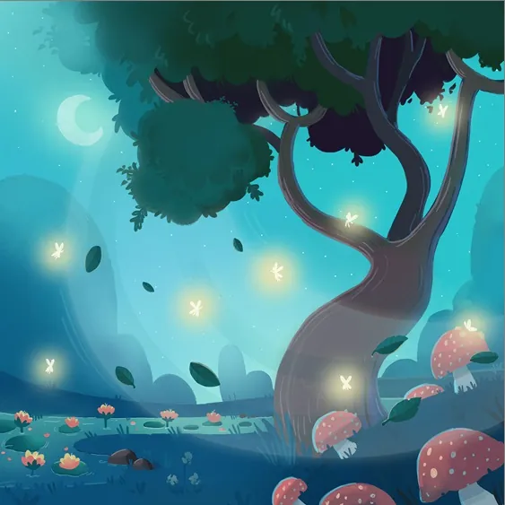 Magical night forest with glowing fireflies and mushrooms by Shiane Salabie