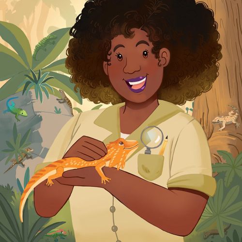 Smiling girl holding orange chameleon in jungle by Shiane Salabie