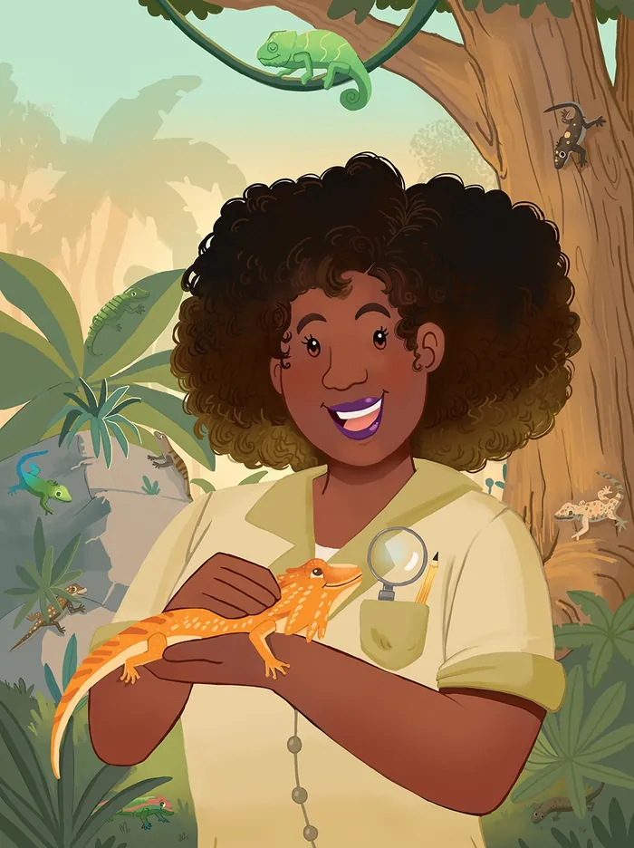 Smiling girl holding orange chameleon in jungle by Shiane Salabie