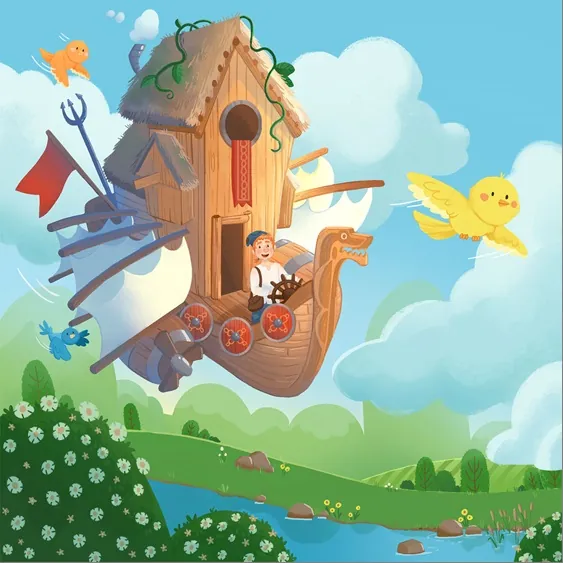 Flying Viking ship house with child and birds by Shiane Salabie