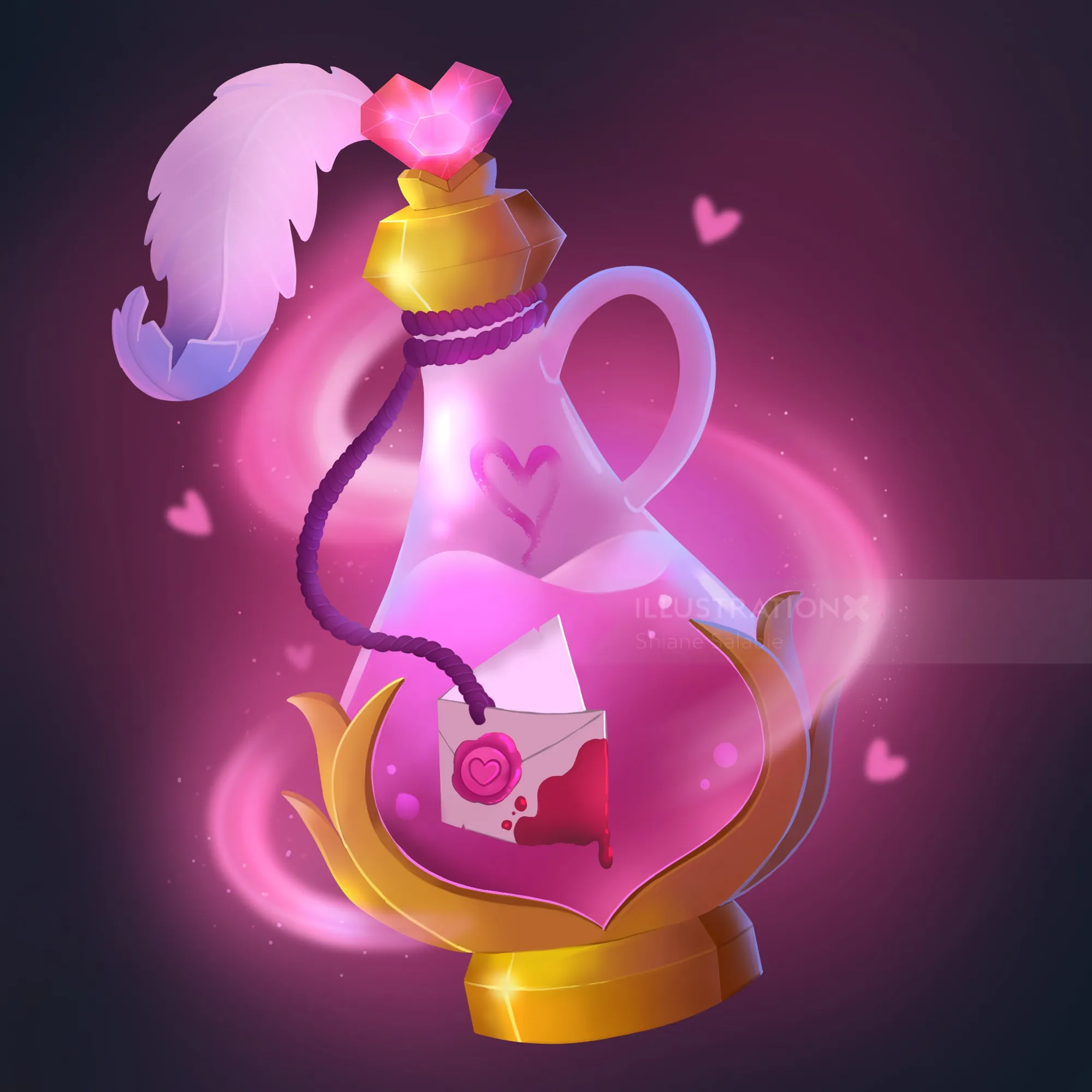 Magical pink potion bottle with heart seal and glowing sparkles by Shiane Salabie