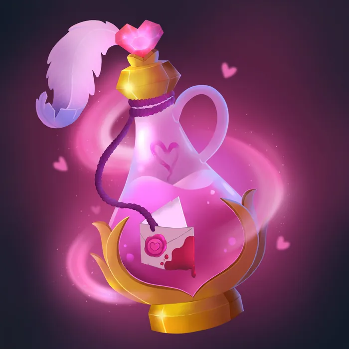 Magical pink potion bottle with heart seal and glowing sparkles by Shiane Salabie