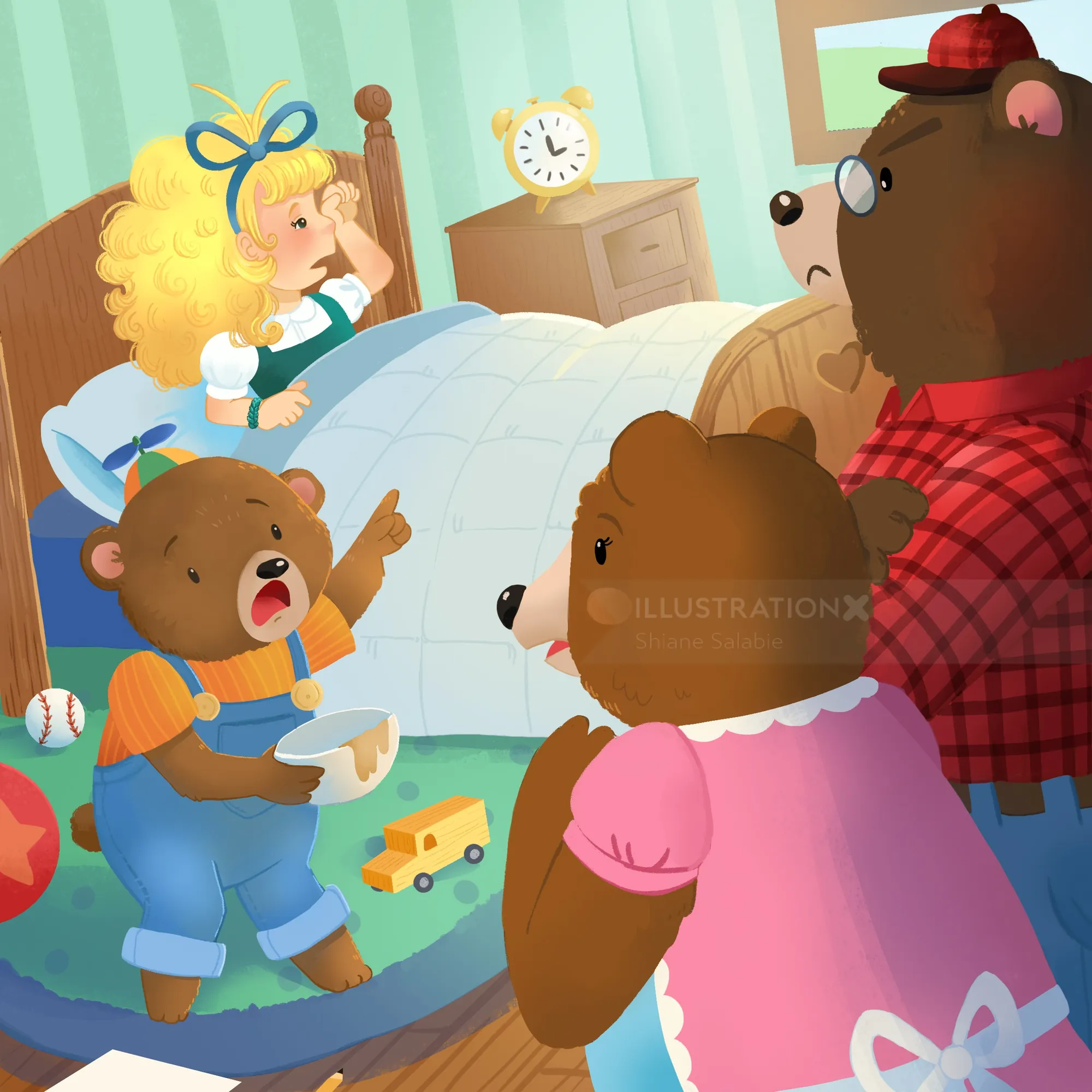 Goldilocks sitting up startled in baby bear's bed with bears around her by Shiane Salabie