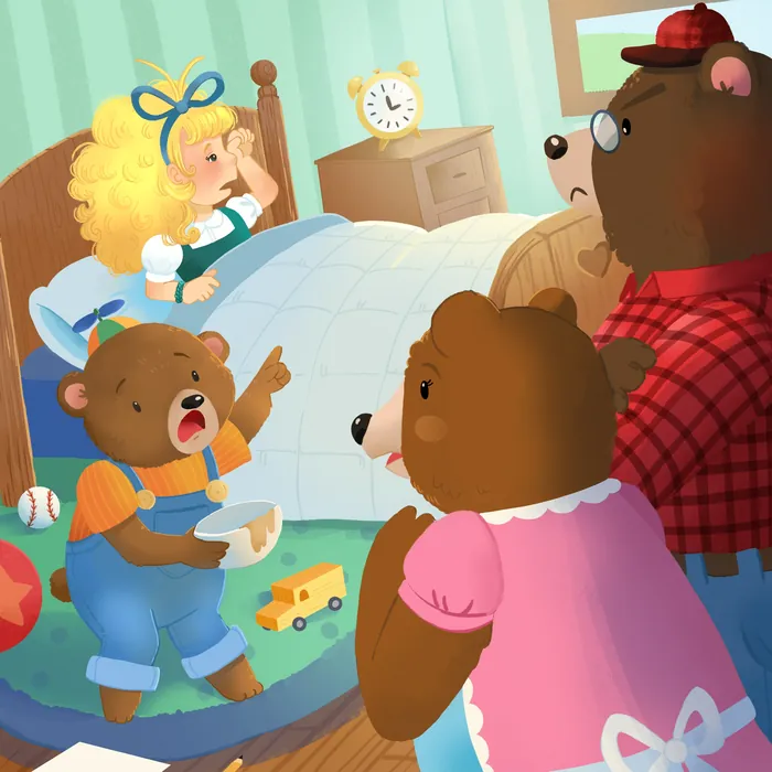 Goldilocks sitting up startled in baby bear's bed with bears around her by Shiane Salabie