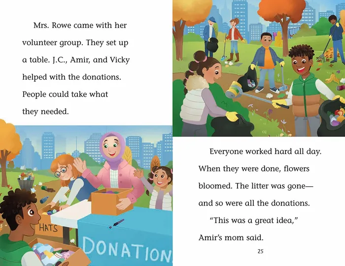 Volunteers organizing donations at a table with people in the background by Shiane Salabie