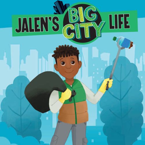 Child holding litter picker in a park, illustration by Shiane Salabie