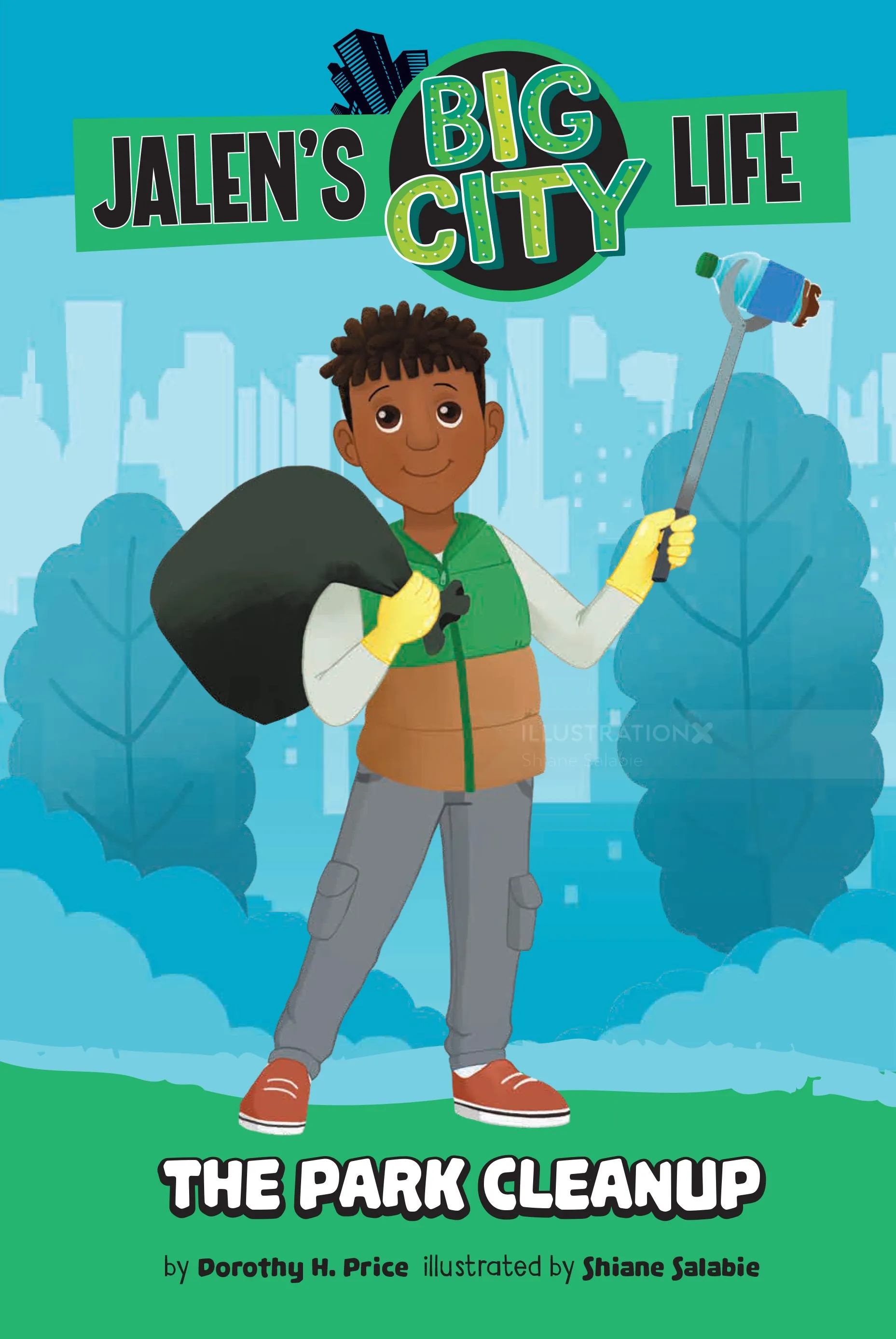 Child holding litter picker in a park, illustration by Shiane Salabie