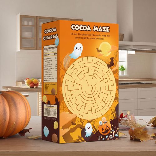 Mockup of the back of Cocoa Charms cereal box