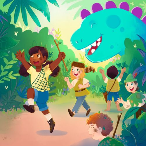 Children joyfully exploring jungle with friendly blue dinosaur