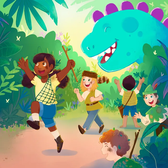 Children joyfully exploring jungle with friendly blue dinosaur