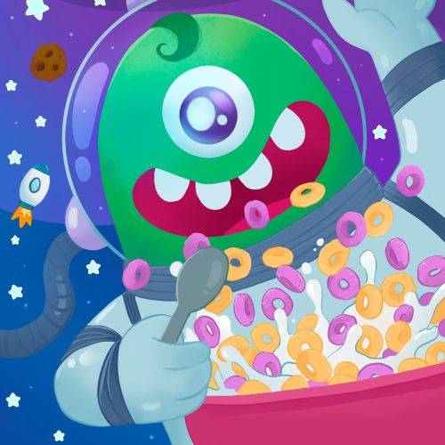 Green alien astronaut eating a bowl of colorful cereal loops