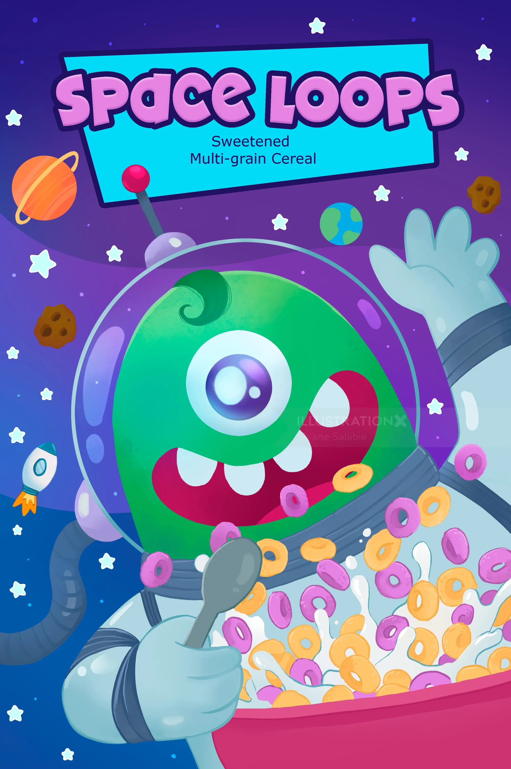 Green alien astronaut eating a bowl of colorful cereal loops