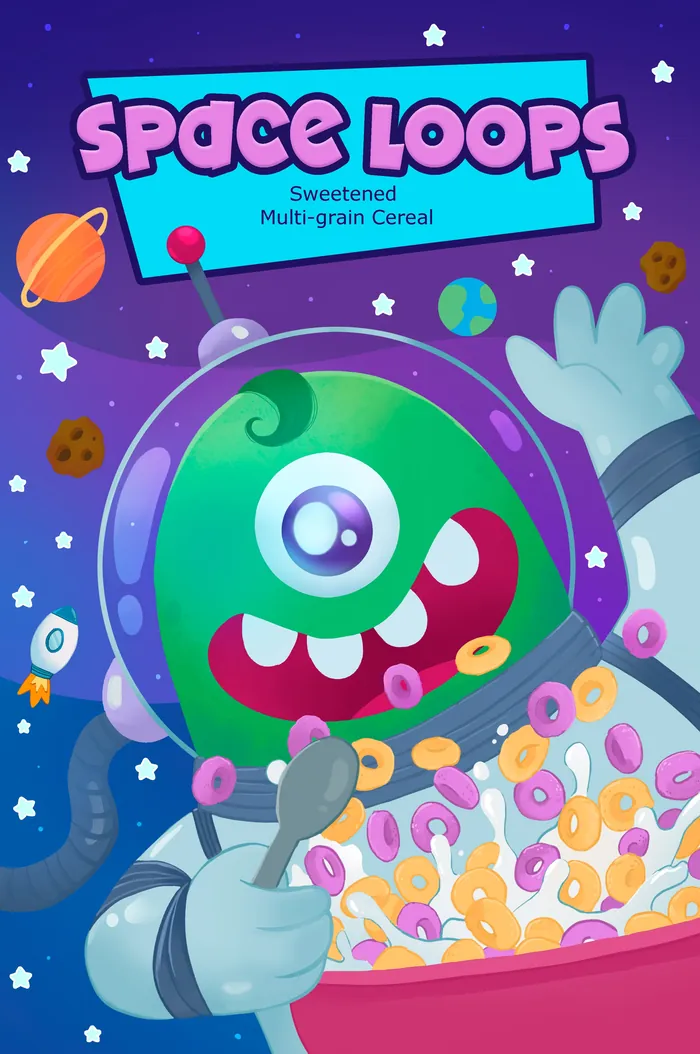 Green alien astronaut eating a bowl of colorful cereal loops
