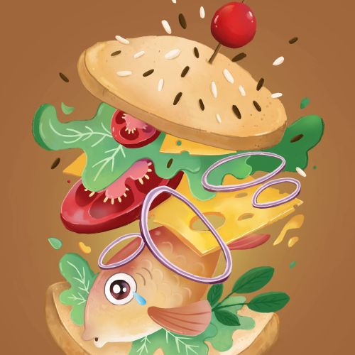 Illustration eines dekonstruierten Cheeseburgers mit Salat, Tomaten, Käse und Zwiebeln