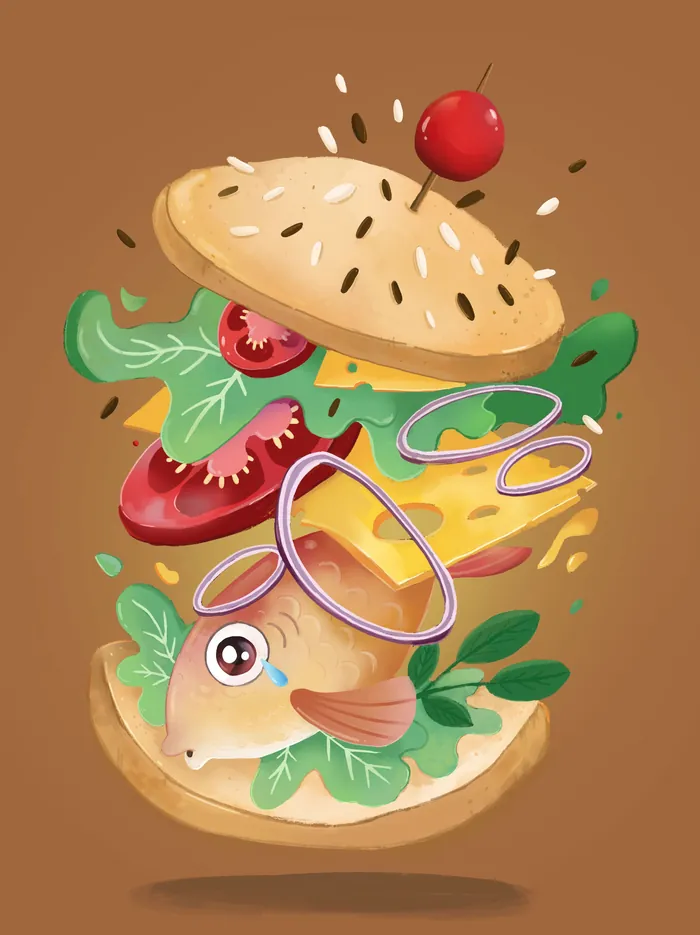 Illustration of a deconstructed cheeseburger with lettuce, tomato, cheese, and onion