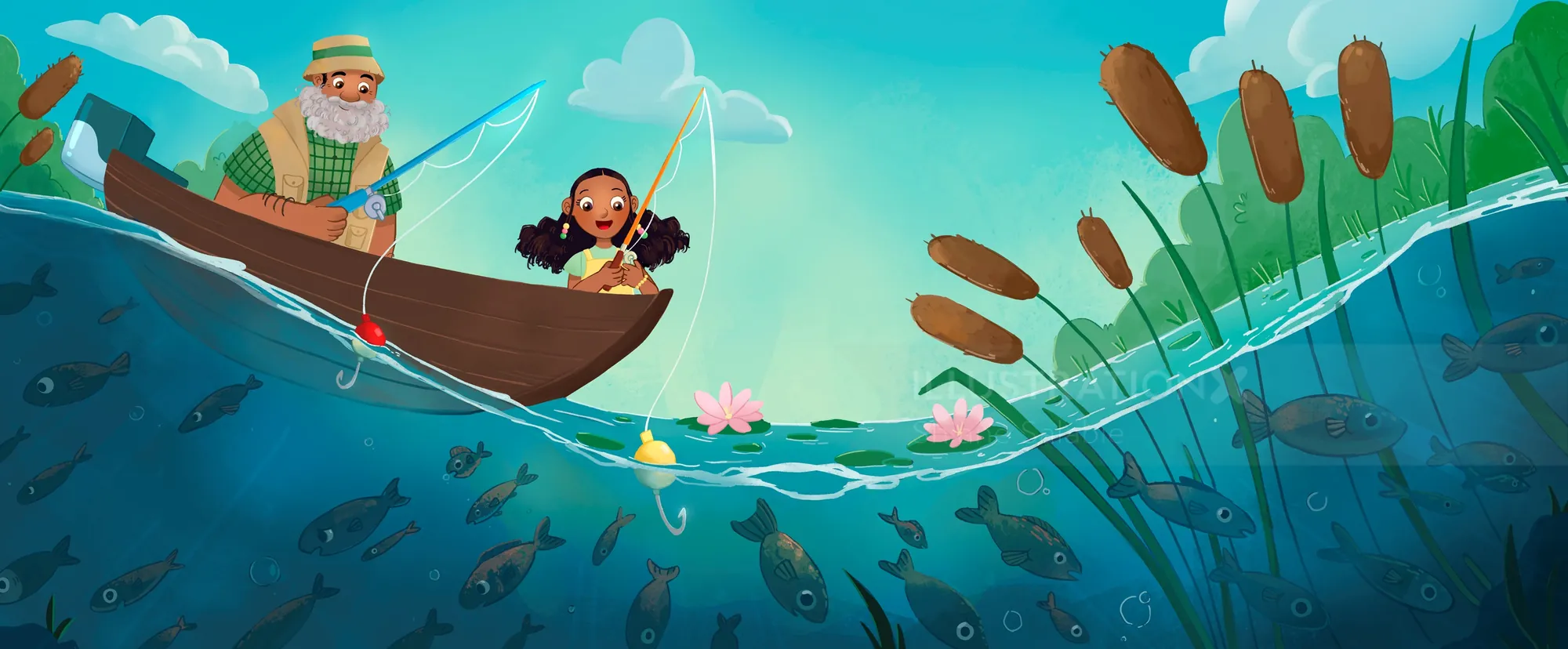 Grandfather and child fishing in boat with fish underwater view