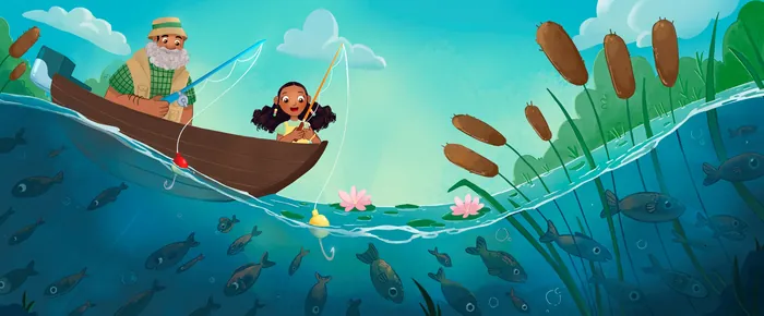 Grandfather and child fishing in boat with fish underwater view