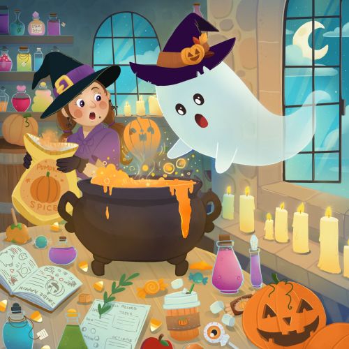 Young witch and ghost stirring a potion in a Halloween-themed room