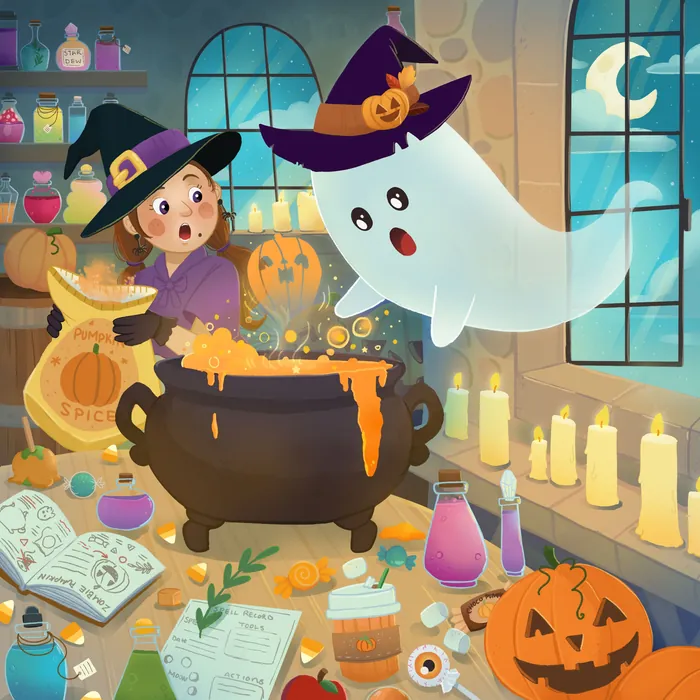 Young witch and ghost stirring a potion in a Halloween-themed room
