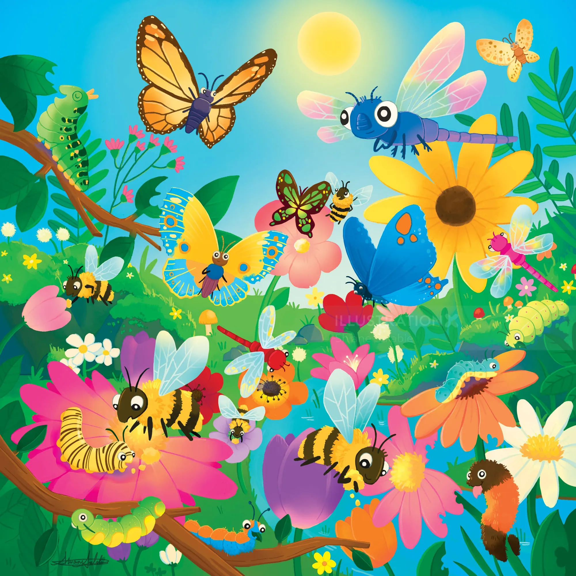 Vibrant garden with buzzing bees, fluttering butterflies, and blooming flowers
