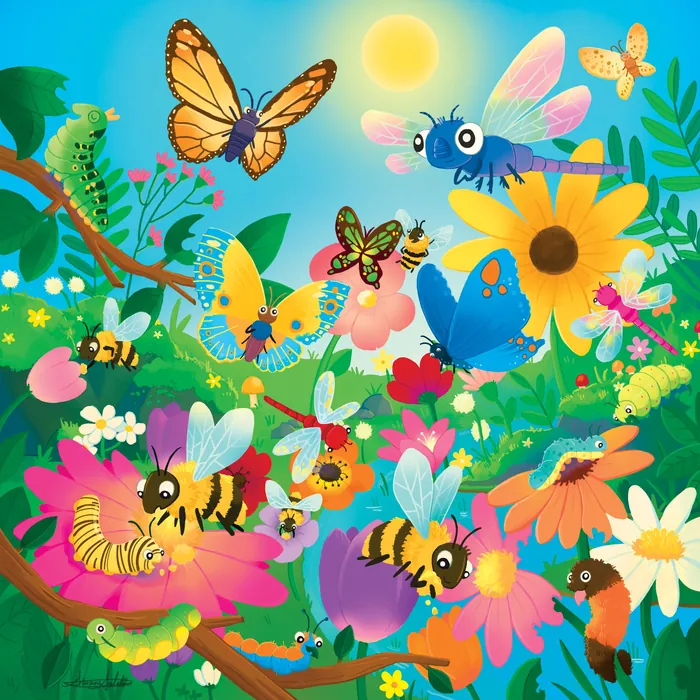Vibrant garden with buzzing bees, fluttering butterflies, and blooming flowers