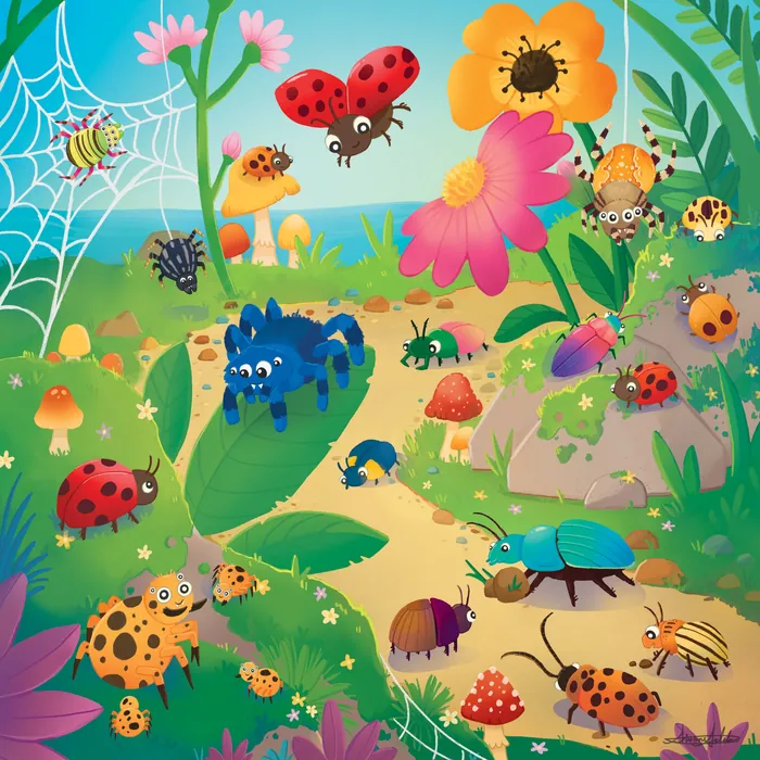 Various cartoon insects and spiders in a bright garden with flowers