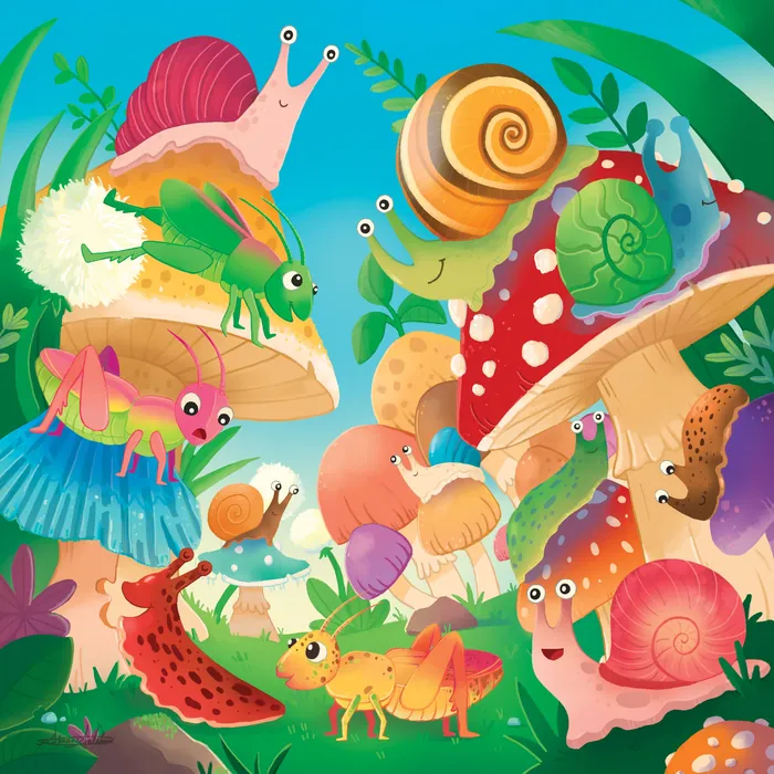 Cartoon insects and snails on vibrant mushrooms in a forest scene