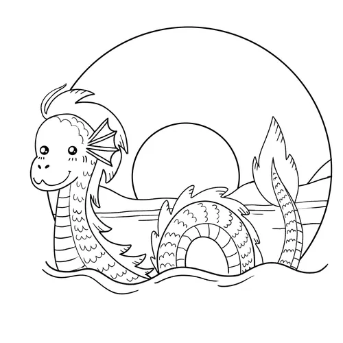 Cute Loch Ness Monster cartoon in water with sunset background