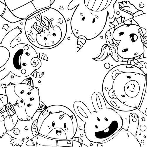 Cartoon animals in astronaut helmets arranged in a circular pattern