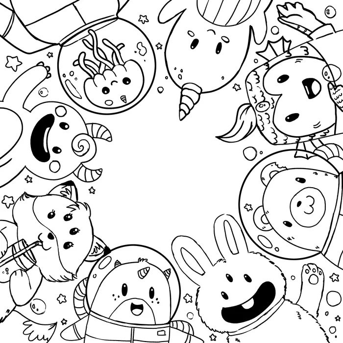 Cartoon animals in astronaut helmets arranged in a circular pattern