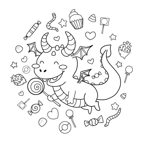 Smiling cartoon dragon with candy and sweets black and white line art
