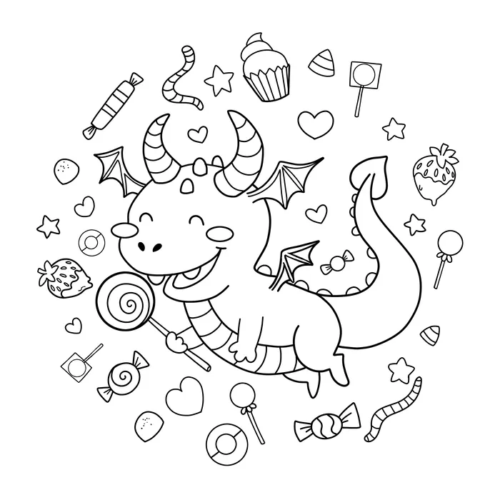 Smiling cartoon dragon with candy and sweets black and white line art